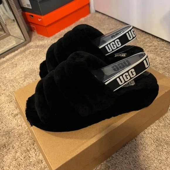 UGG Black Fluffy Slides - Picture 2 of 2